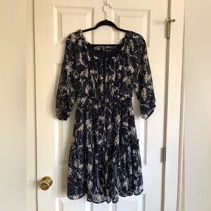 Women's Size M, Ryan Michelle - Navy Knee Length Floral Dress, Sheer Sleeves